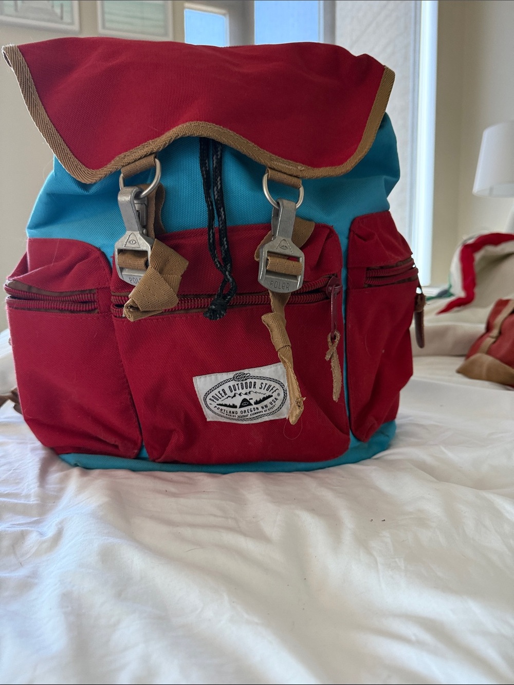 Poler Red & Blue Canvas Daypack with Buckle Closures